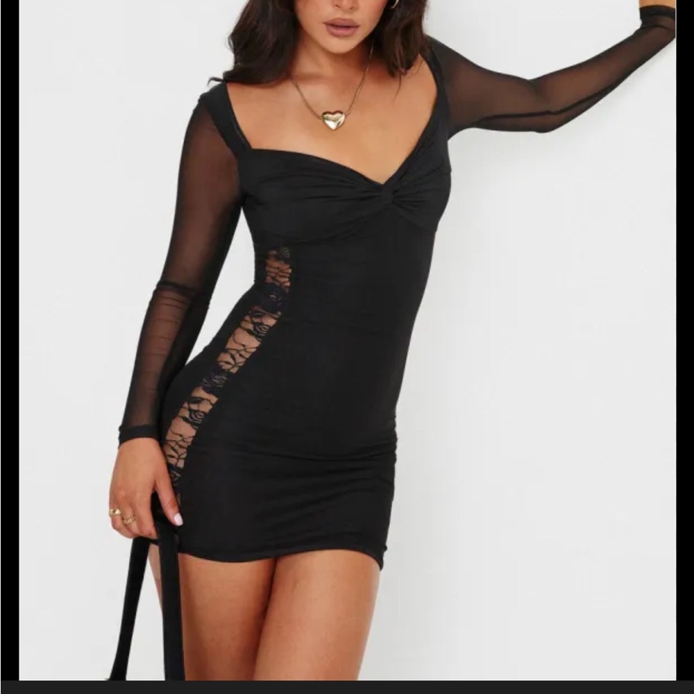 Alston Sheer-Sleeve Black Lace-Panel Bodycon Dress